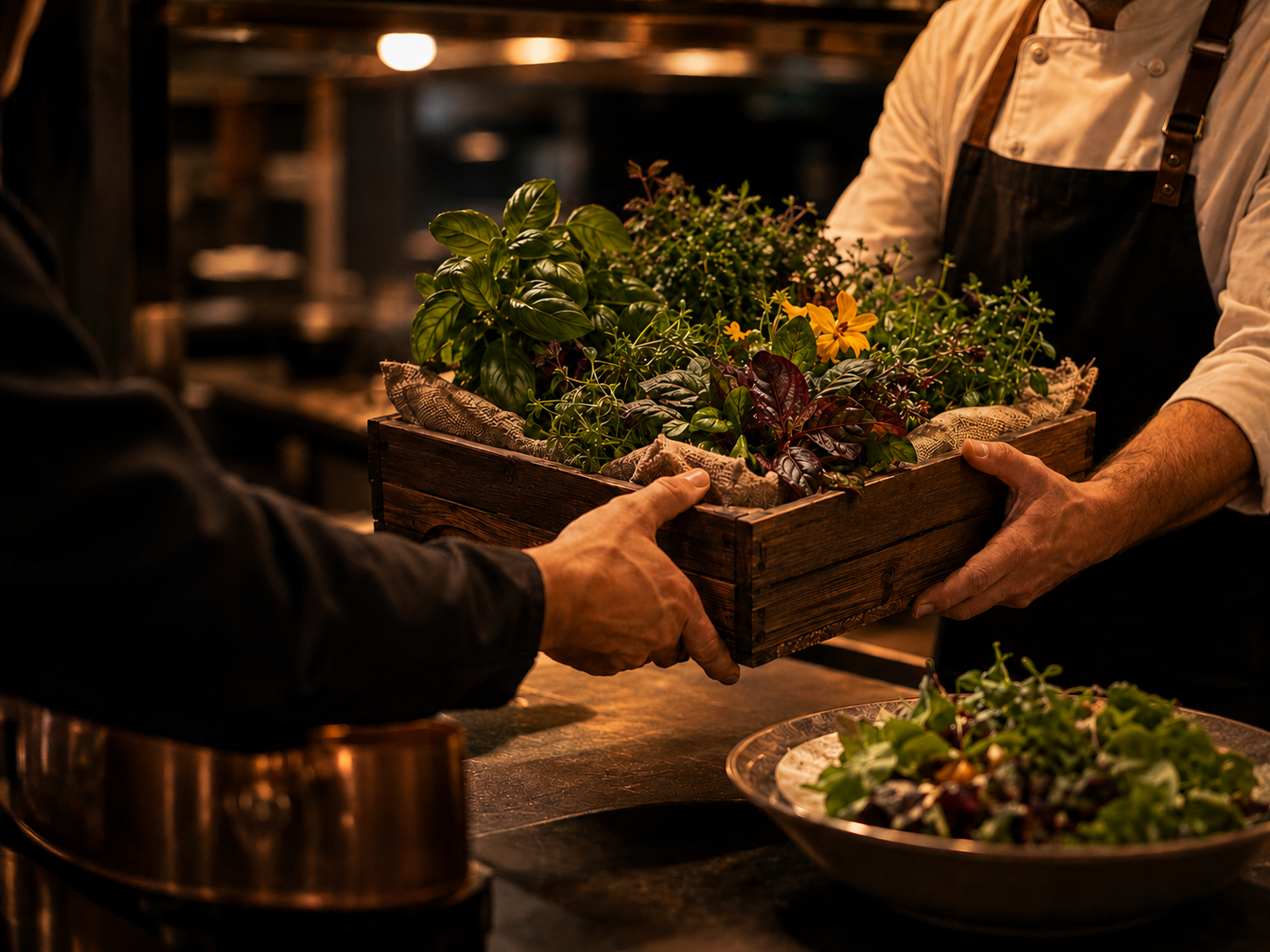 Fresh herb crate being handed across a kitchen pass after an on-site harvest.
