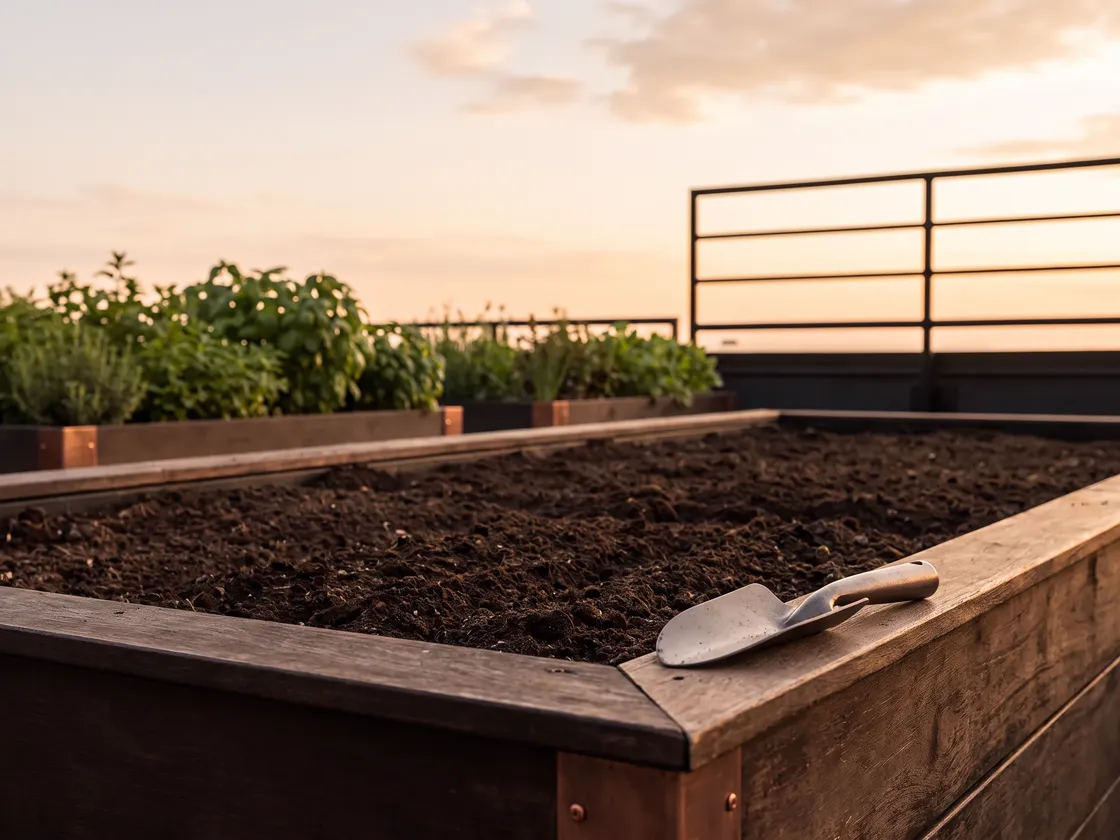 A rooftop raised bed just cleared, dark raked soil and a trowel on its edge, before replanting.